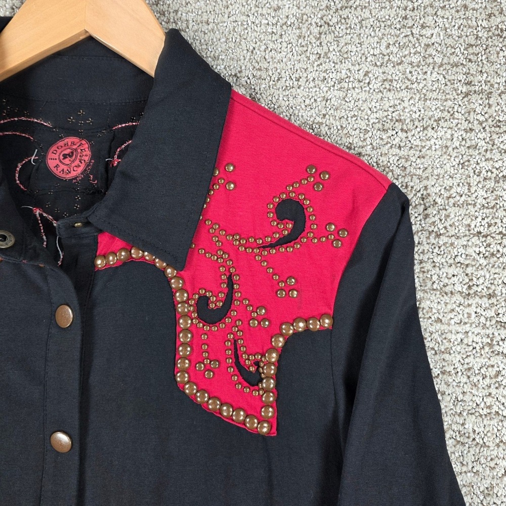 Double D Ranch Womens Western Shirt Black Red Studded Embroidered Snap Front L - Picture 4 of 10